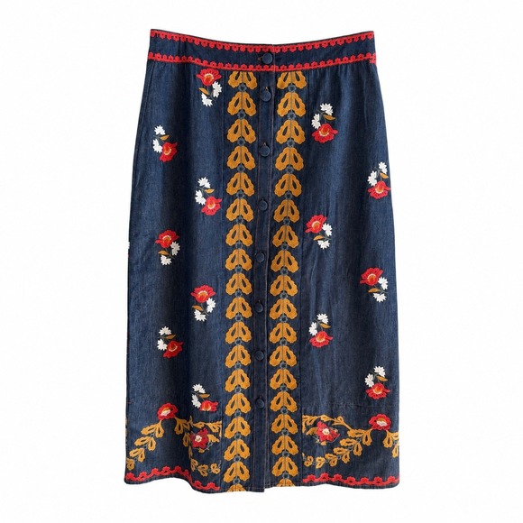 Elizabeth James The Label Dresses & Skirts - Elizabeth James The‎ Label Denim Floral Embroidered Midi Skirt Blue Womens Large